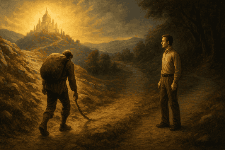 Two men stand at a fork in the road—one burdened and climbing a rocky path toward the Celestial City, the other relaxed and facing a smooth, shadowed trail—depicting the divide between lordship salvation and easy believism.