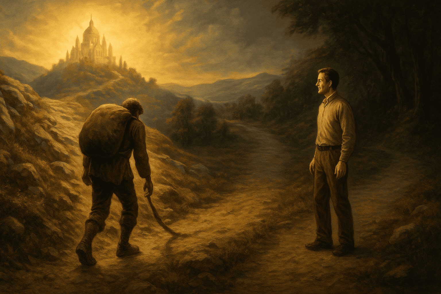 Two men stand at a fork in the road—one burdened and climbing a rocky path toward the Celestial City, the other relaxed and facing a smooth, shadowed trail—depicting the divide between lordship salvation and easy believism.