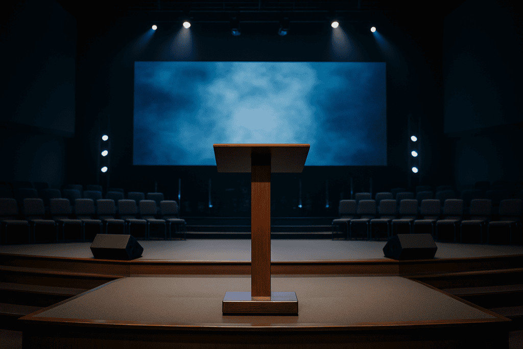 Modern church auditorium with an empty pulpit and no cross, symbolizing gospel preaching without repentance