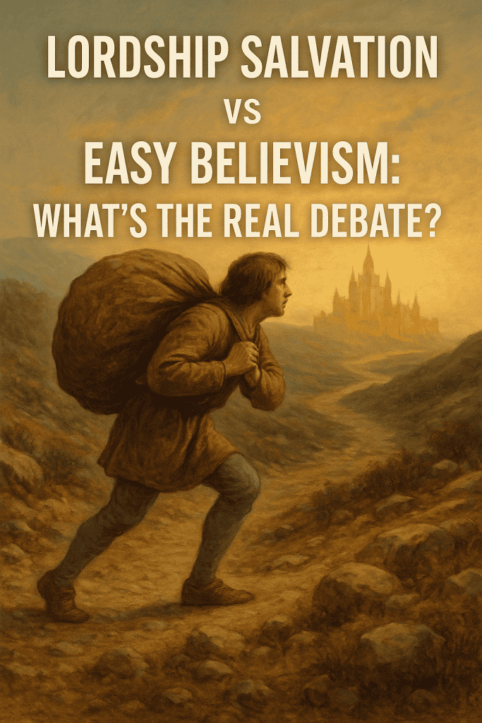 Christian from Pilgrim’s Progress climbs a rocky path with a heavy burden on his back, eyes fixed on the shining Celestial City ahead—symbolizing the costly journey of lordship salvation in contrast to the ease of easy believism.