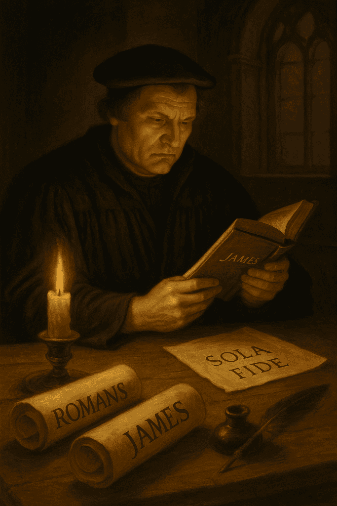 Martin Luther examining the book of James by candlelight, with scrolls of Romans and James on the table—portraying his struggle over faith and works