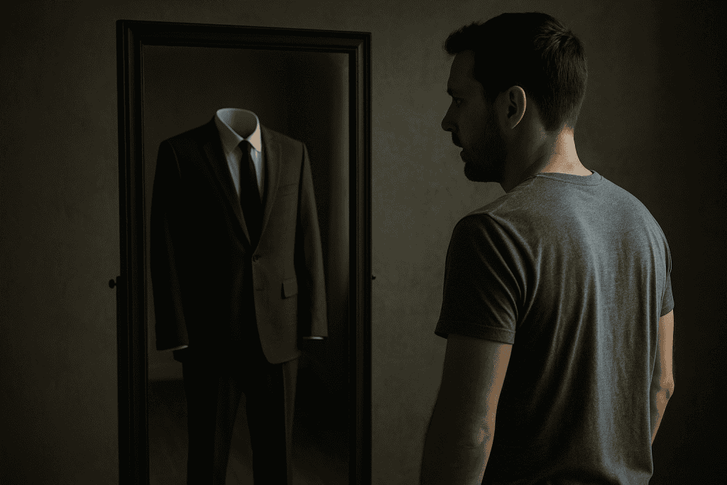 A man stands before a mirror that reflects only an empty suit, symbolizing the illusion of salvation without substance—a visual metaphor for easy believism and self-deception in the church today.