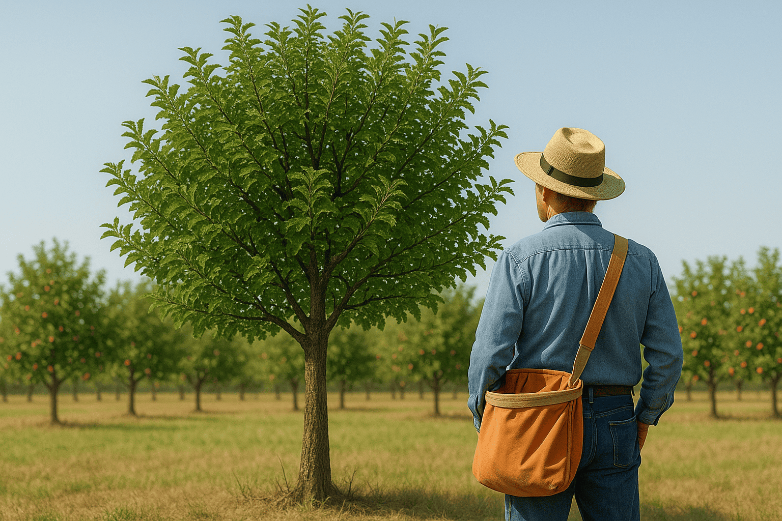 Farmer with harvest bag standing before a fruitless tree in an orchard full of fruit-bearing trees, symbolizing faith without fruit