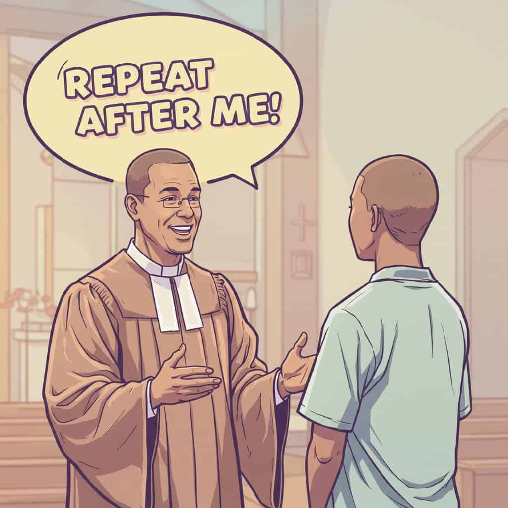 Pastor instructing a congregant to repeat a prayer during an altar call, symbolizing the shallow appeal of easy believism