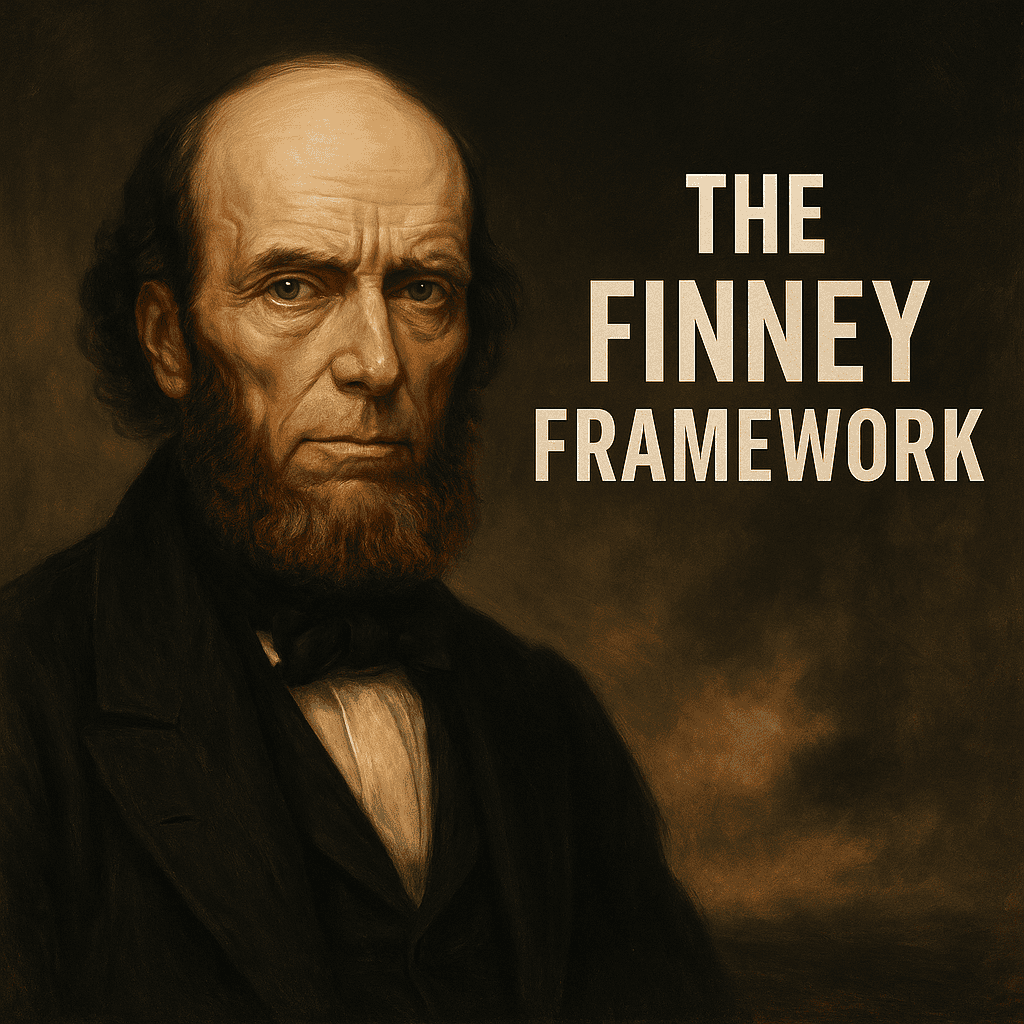 Realistic oil-style portrait of Charles Finney, a key historical figure associated with the roots of easy believism