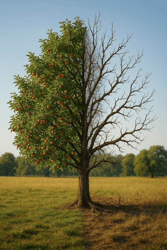 Split fruit tree showing one side full of fruit and the other side dead—symbolizing true faith versus easy believism