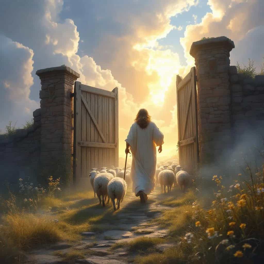 Christ the Good Shepherd leading His sheep into light, representing hope beyond church hurt and healing in Him.