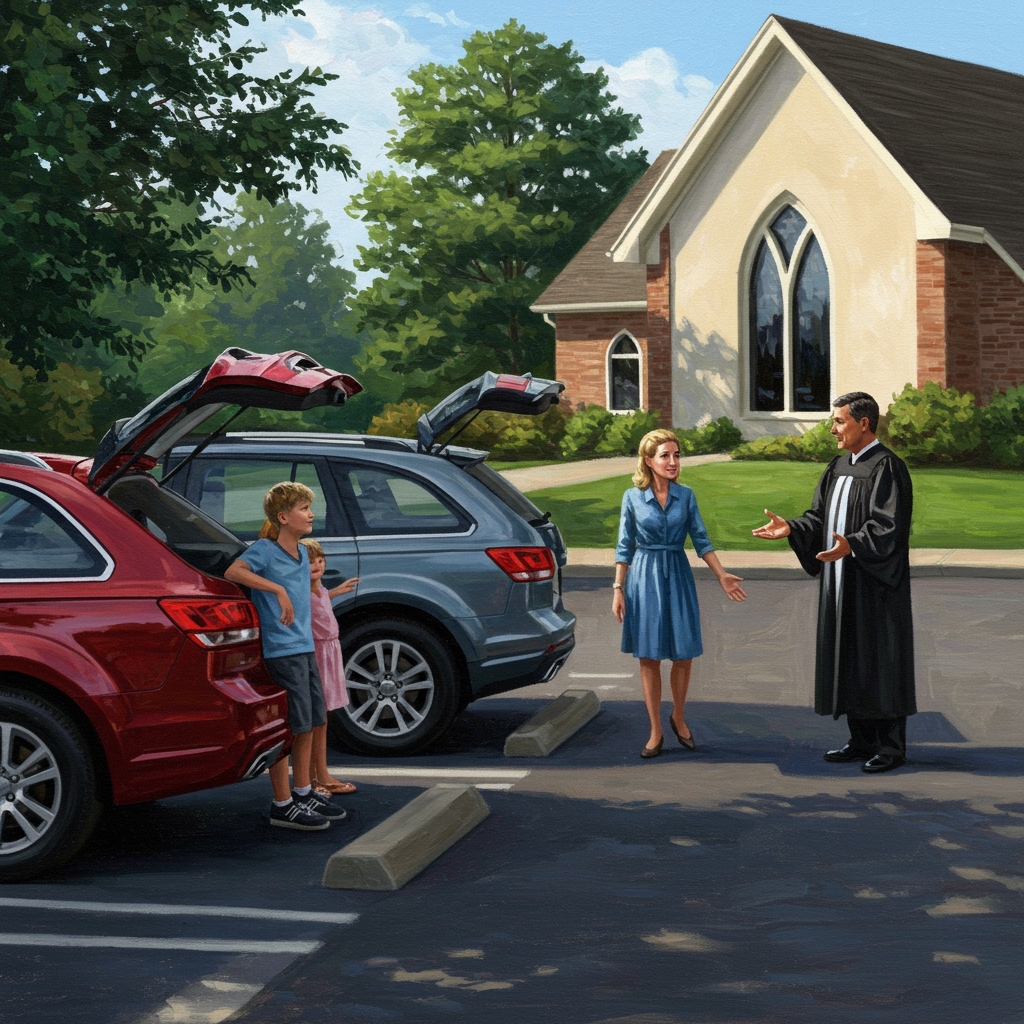 Family loading their car in a church parking lot while the pastor pleads with them to stay, symbolizing why people leave the church after being hurt.