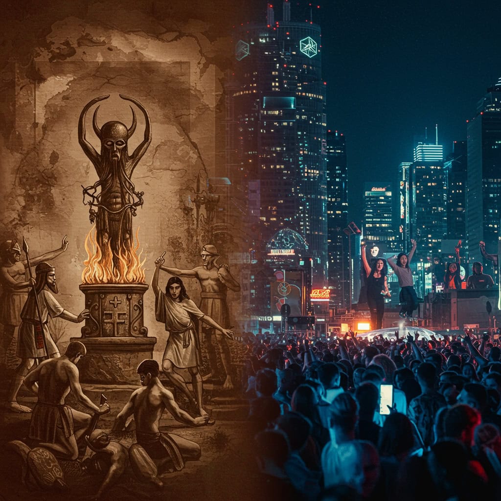 Ancient Israelites gathered before a towering bronze idol of Baal with fire, illustrating why did Israel keep returning to Baal.