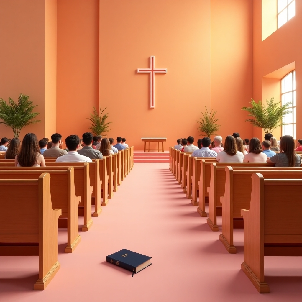 Packed church sanctuary with two empty rows and a single Bible left on the floor, symbolizing why people leave the church after being hurt.