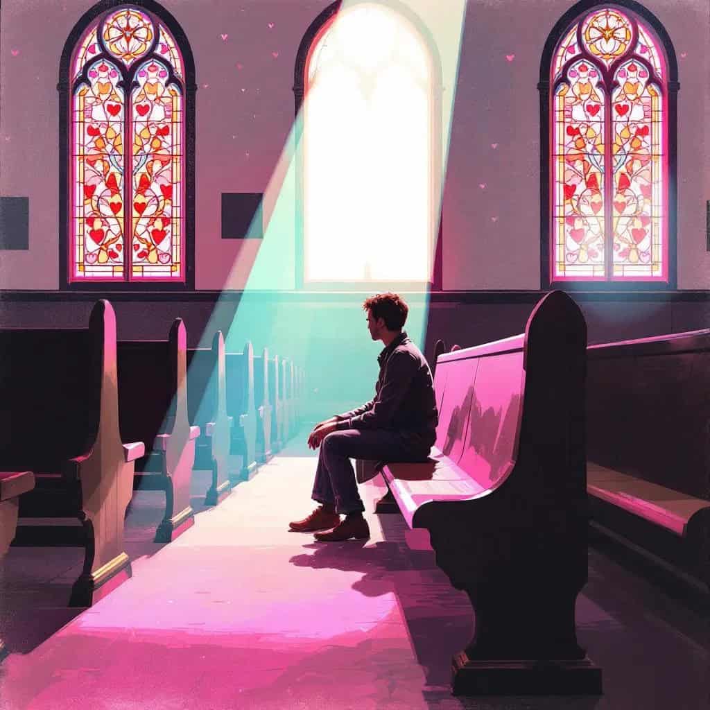 Person sitting alone in a church pew with light streaming through stained glass, representing church hurt and hope of healing in Christ.