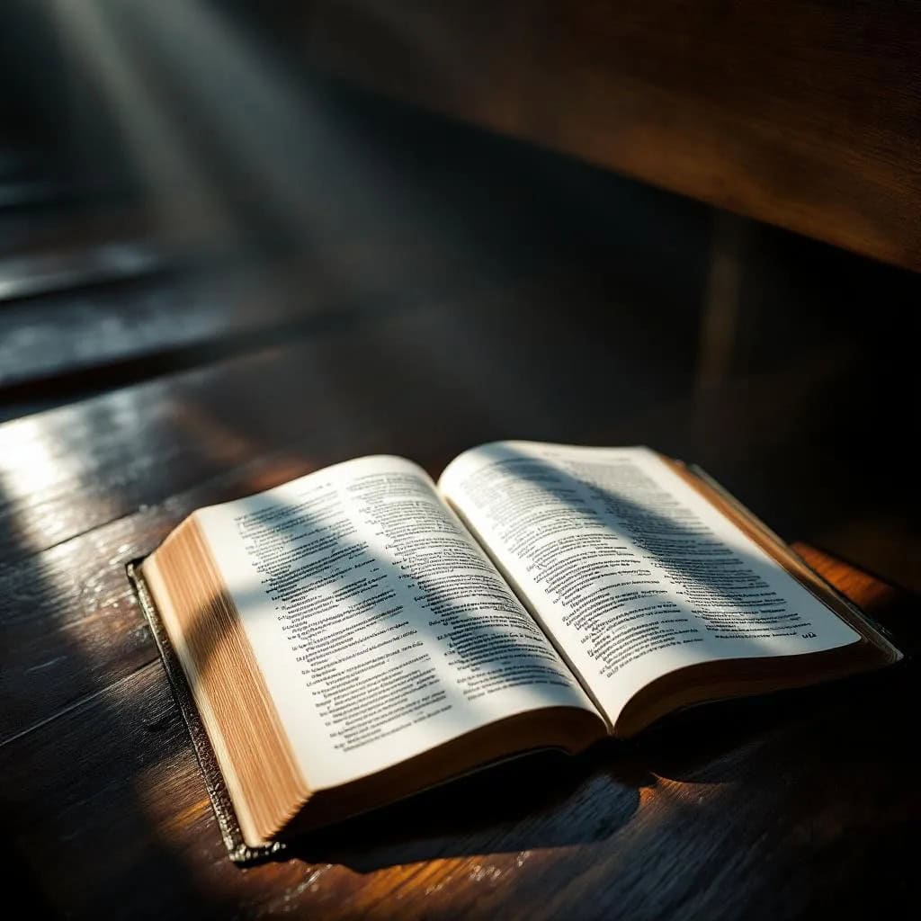Empty church pew with an open Bible and sunlight streaming across the pages, symbolizing how to deal with church hurt through God’s Word and hope in Christ.