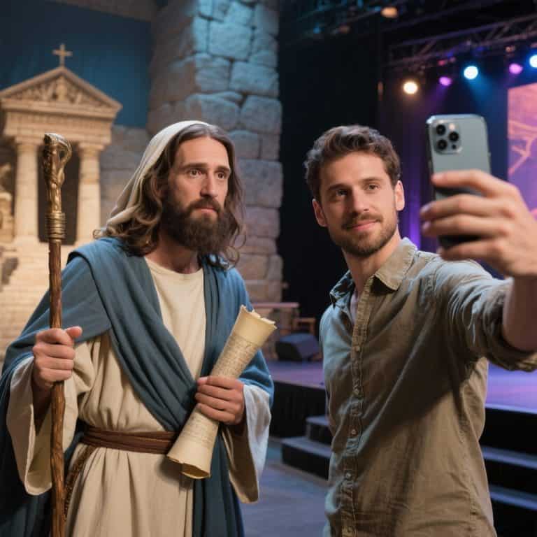 Traditional church vs contemporary church symbolized by an Old Testament prophet meeting a modern man with a smartphone.