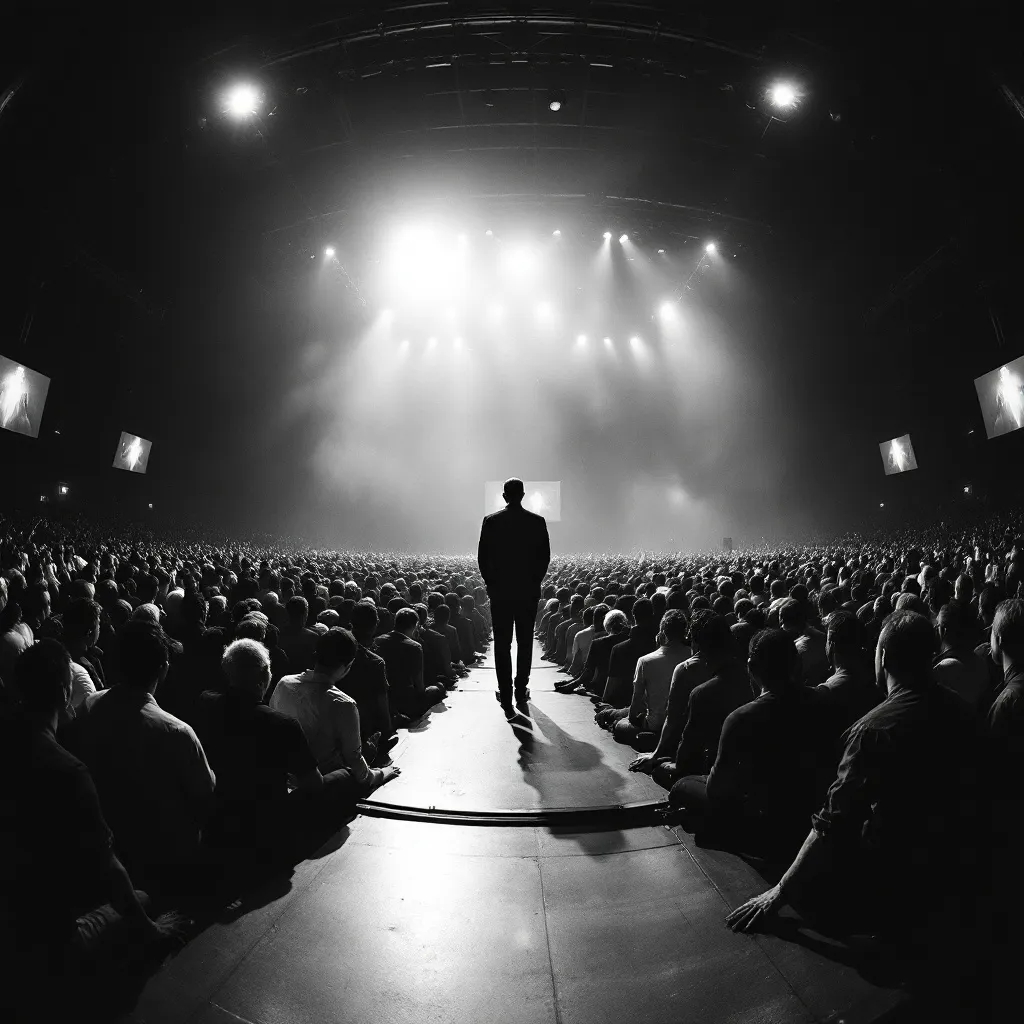 Crowd bowing before a man on a stage with dim screens behind him, showing worship directed to a leader not technology in an AI one world order.