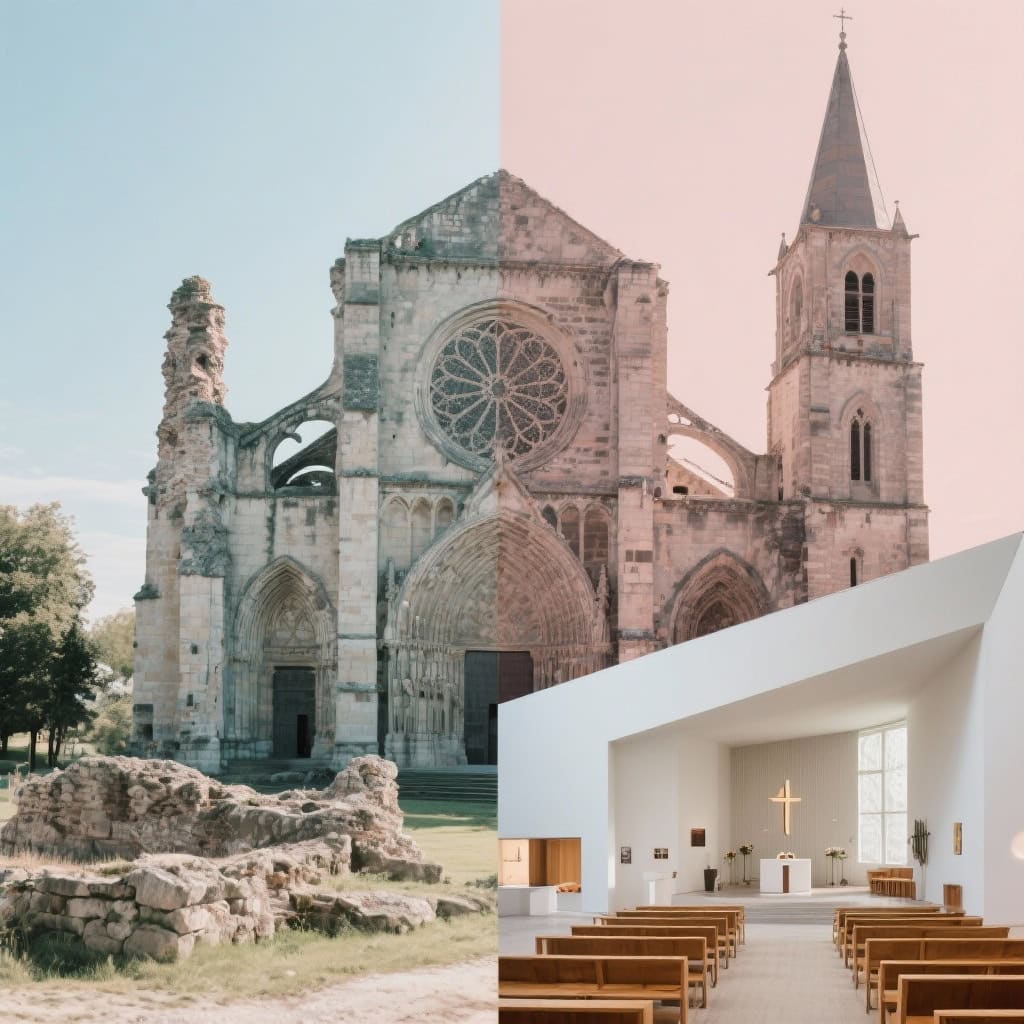 Historical view of traditional church vs contemporary church showing early house gatherings, cathedrals, and modern stage worship.