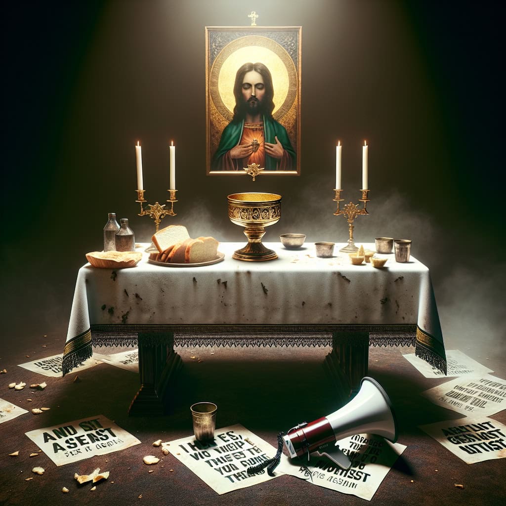 Communion table replaced with protest flyers, symbolizing wokeness in the church displacing the gospel.
