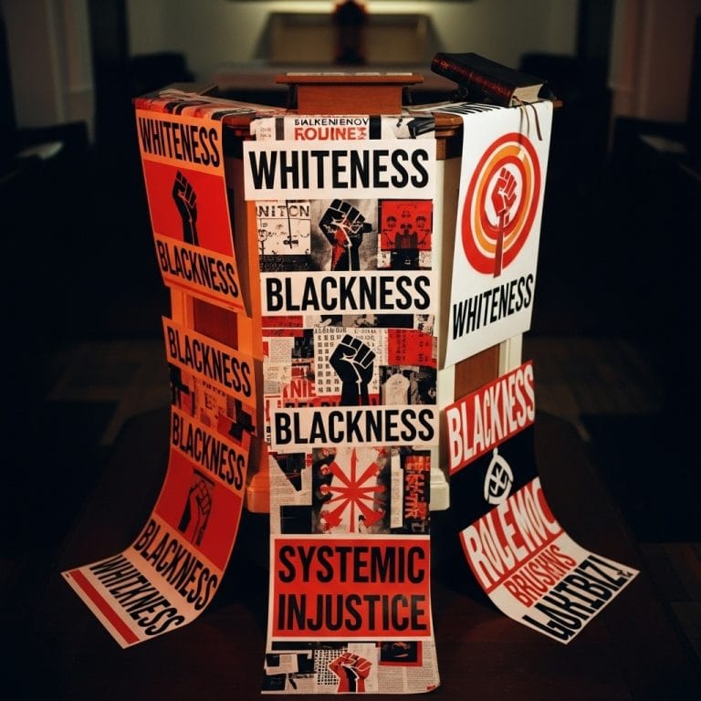 Church pulpit covered with protest posters about whiteness and blackness, Bible pushed aside, symbolizing wokeness in the church replacing Scripture.