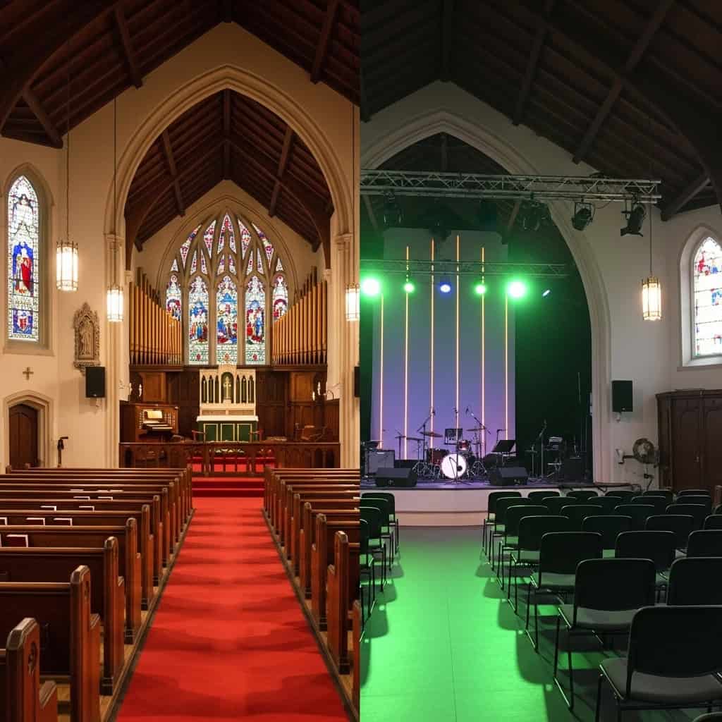Traditional church vs contemporary church shown side by side with pews and stained glass on one side, and a stage band with lighting on the other.