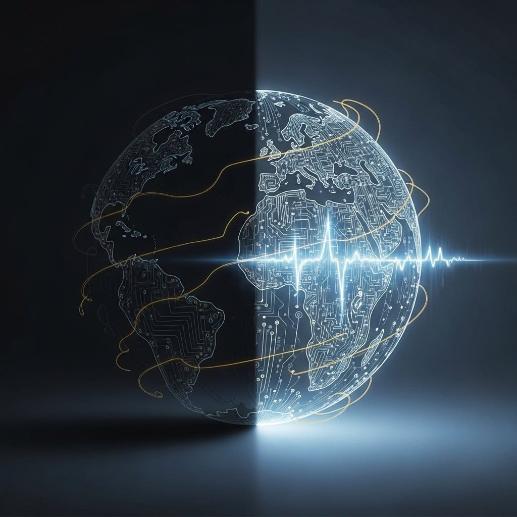 Digital globe in light and shadow with circuitry, symbolizing AI one world order.
