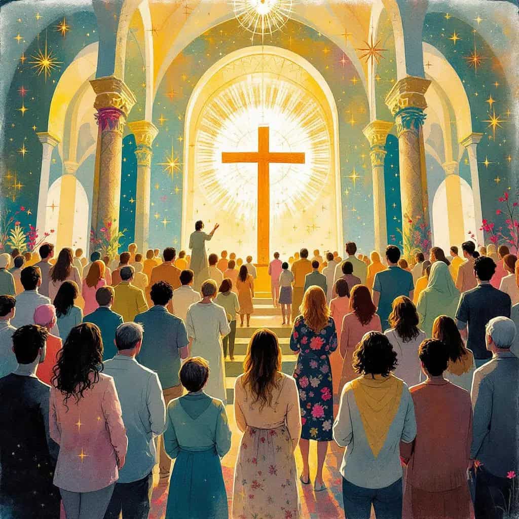 Diverse group of believers worshiping together in one church—young and old, traditional and modern—showing the beauty of unified diversity in the many forms of worship.