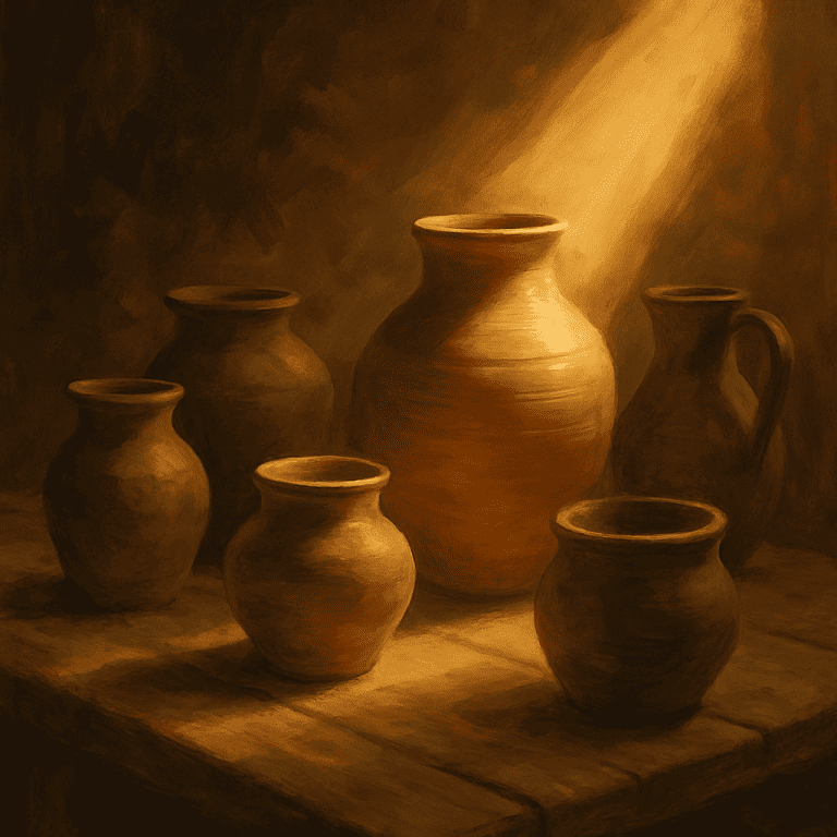 Row of clay vessels on a table, one illuminated — illustrating does God’s election cancel free will and divine choosing.