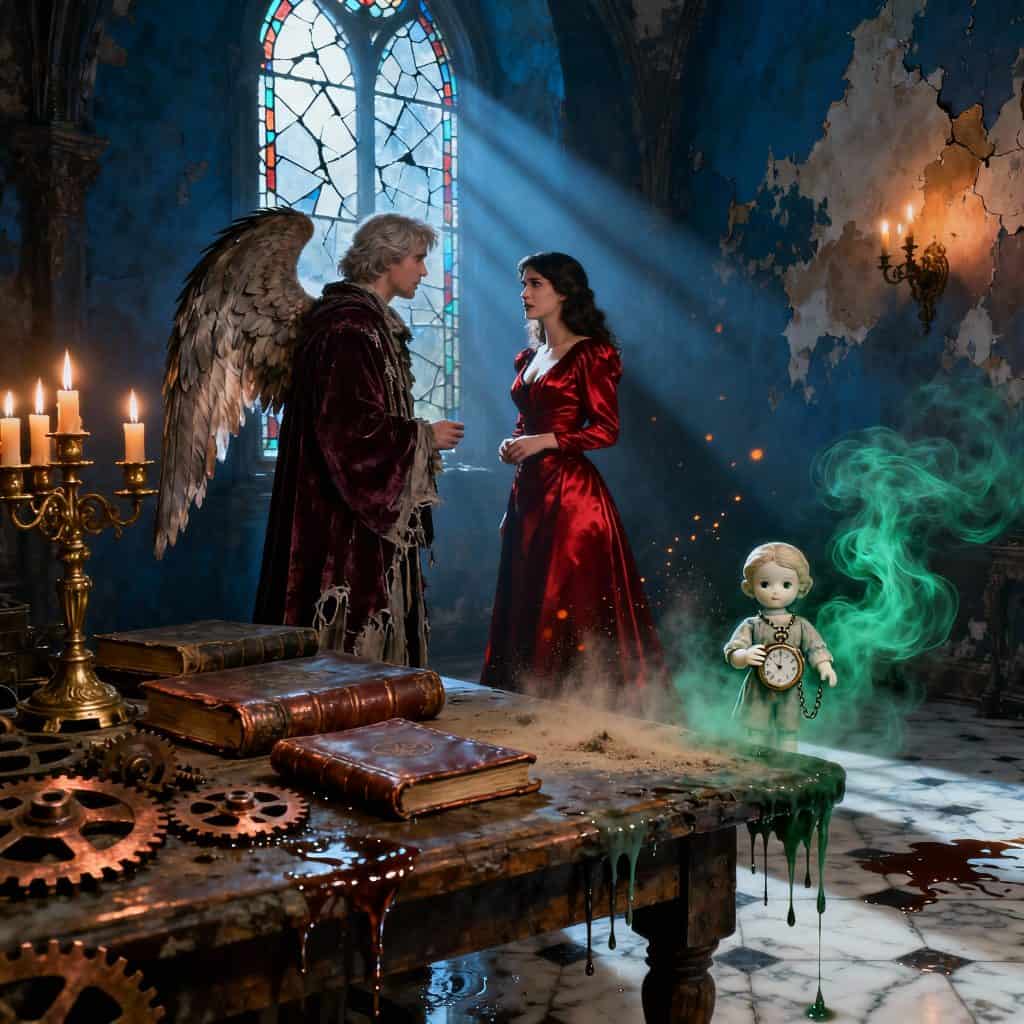 image of a fallen angel enticing a beautiful human woman