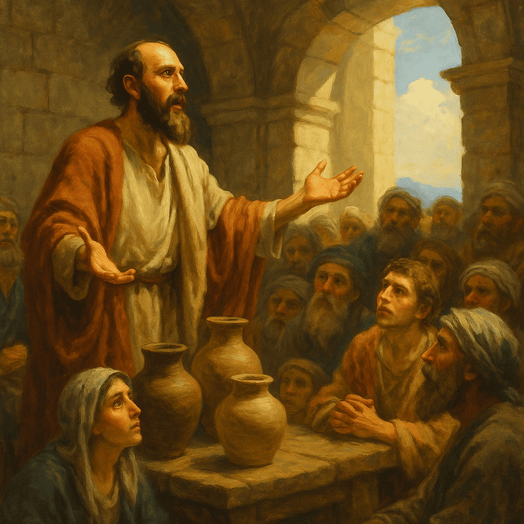 An image of the Apostle Paul preaching representing that he understood that God sovereignly elects and at the same time commands his followers to preach the gospel