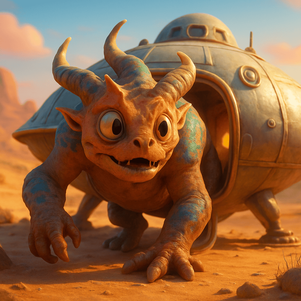 image of crazy looking alien getting out of a spaceship in the desert