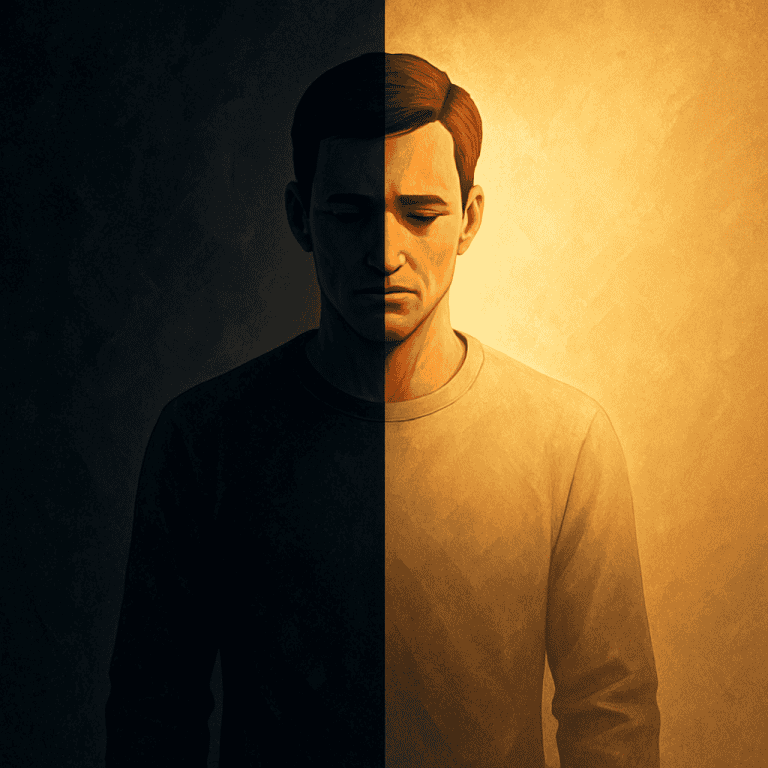 image of a man split down the middle one side showing dark the other light representing the struggle with sin