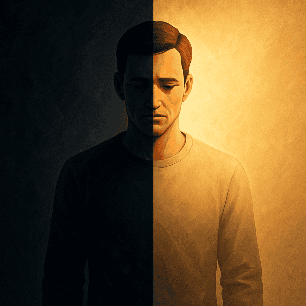 image of a man split down the middle one side showing dark the other light representing the struggle with sin