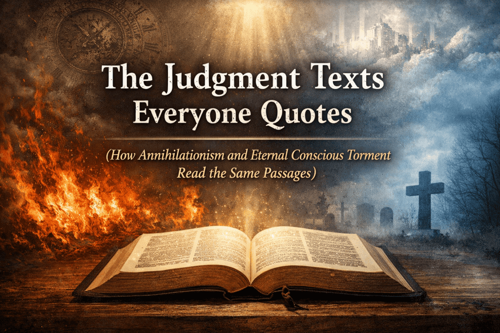 Main image showing an open Bible at the center, with flames and smoke on one side and a foggy graveyard with crosses on the other, representing the biblical debate over annihilationism and eternal conscious torment.