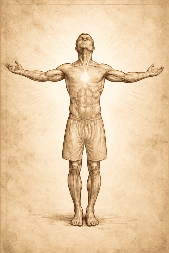 Vintage-style anatomical illustration of a man wearing shorts with arms outstretched and light radiating from his chest, symbolizing the whole person