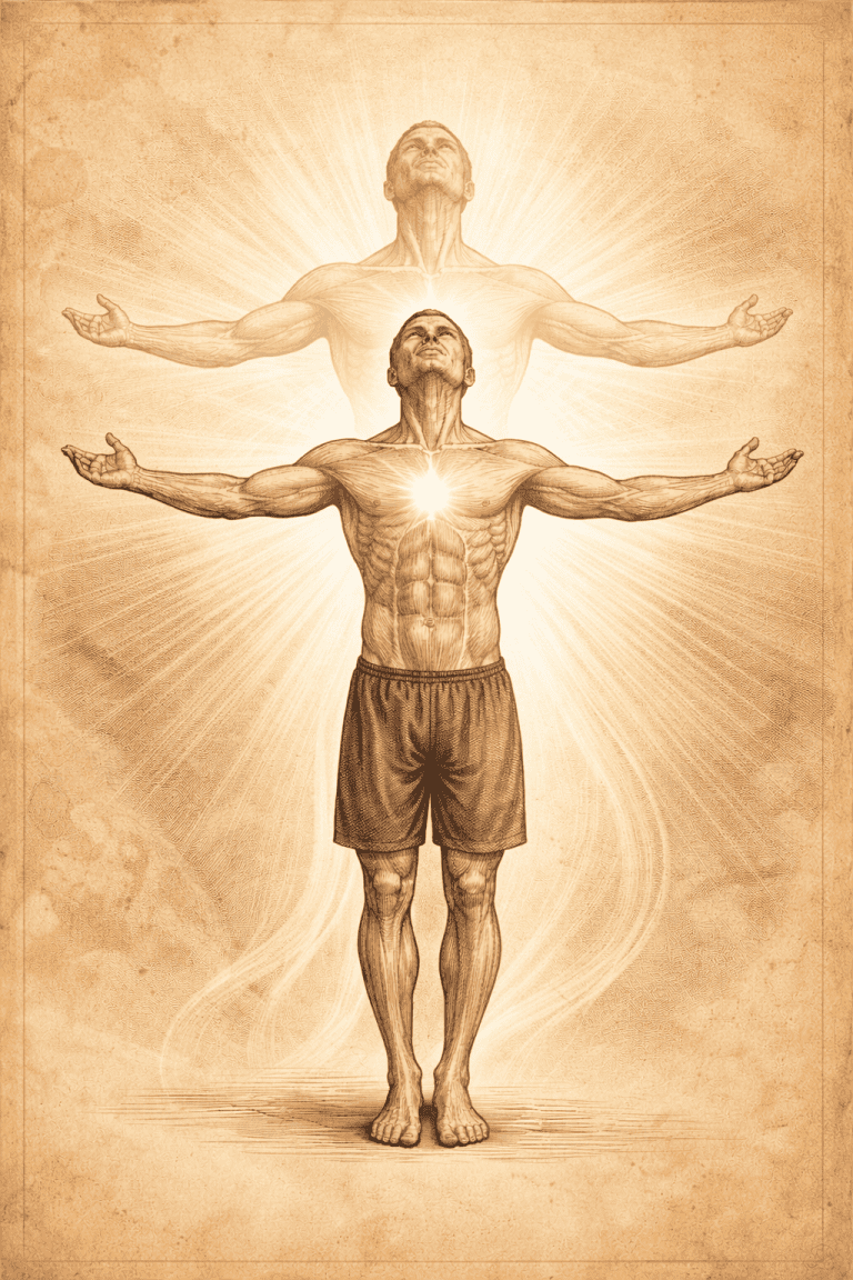 Vintage-style illustration of a man with arms outstretched and a translucent figure rising behind him, representing body and soul