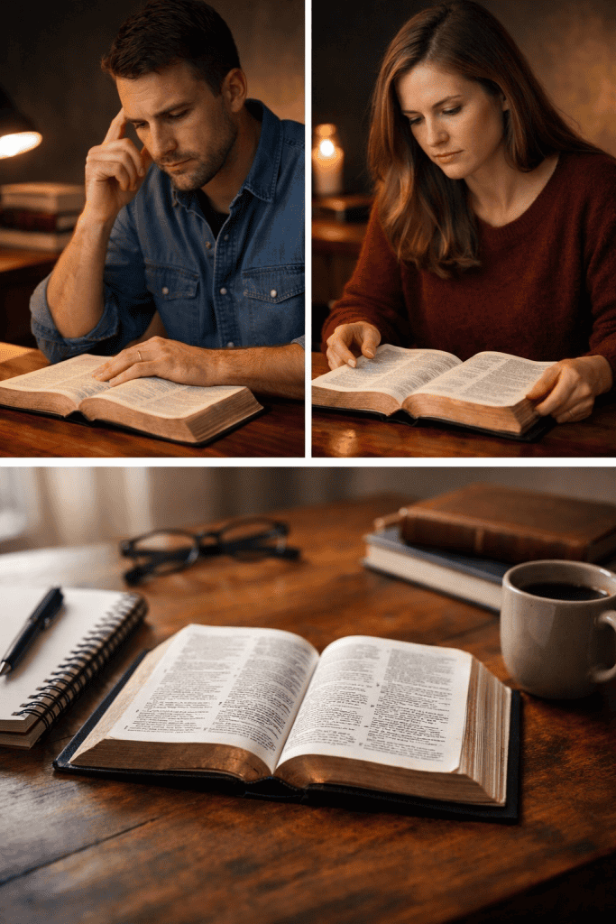 Thoughtful readers studying the Bible during careful examination of Scripture.