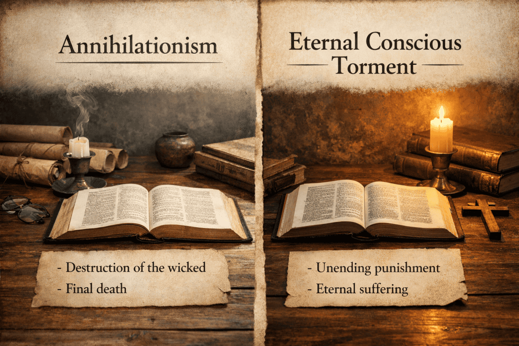 Split-screen image comparing annihilationism and eternal conscious torment, with two open Bibles on a study desk shown side by side to illustrate differing interpretations of final judgment.