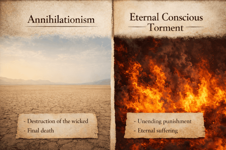Split-screen image comparing annihilationism and eternal conscious torment, with an empty desert landscape on the left and flames representing ongoing punishment on the right to illustrate contrasting views of final judgment.