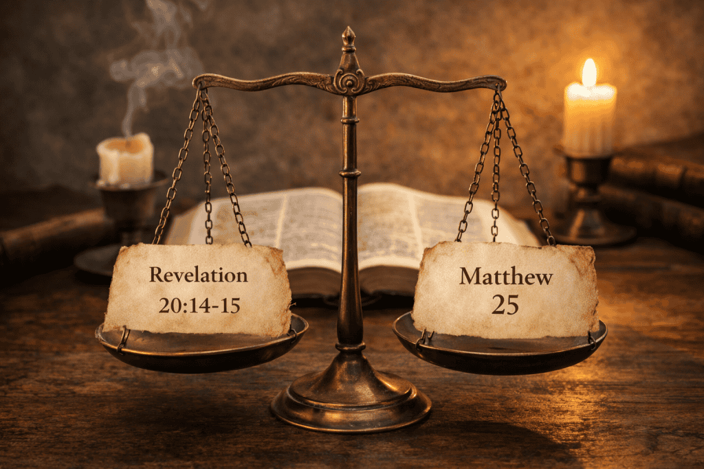 Antique balance scales with parchment labels reading “Revelation 20:14–15” and “Matthew 25,” set before an open Bible to represent key judgment passages often cited in the debate over final punishment.