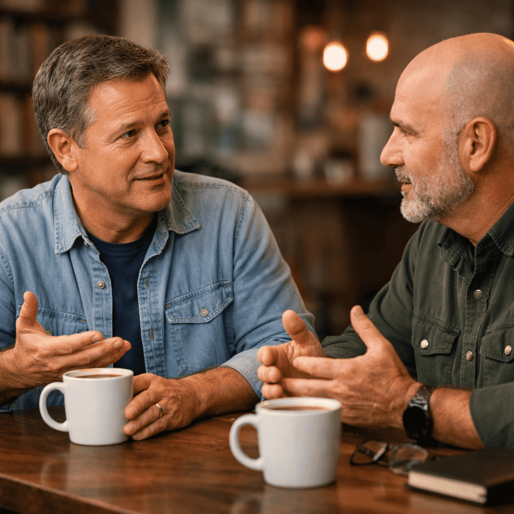 Two men seated at a table with coffee cups, engaged in a calm, thoughtful conversation, representing respectful discussion of differing theological views.
