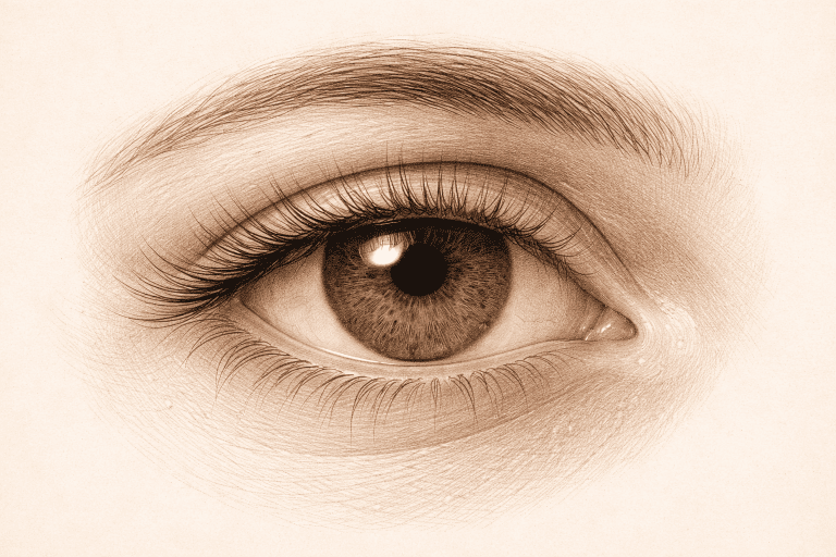 A detailed illustration of a human eye showing the iris, pupil, and internal structure