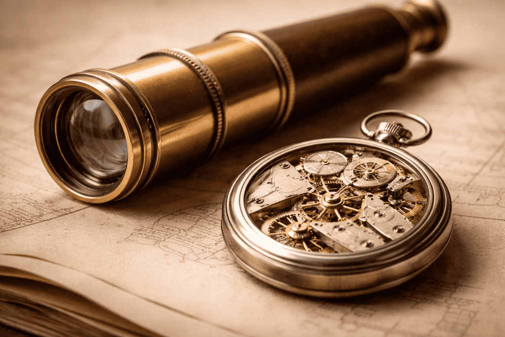 An antique brass telescope resting beside a mechanical pocket watch
