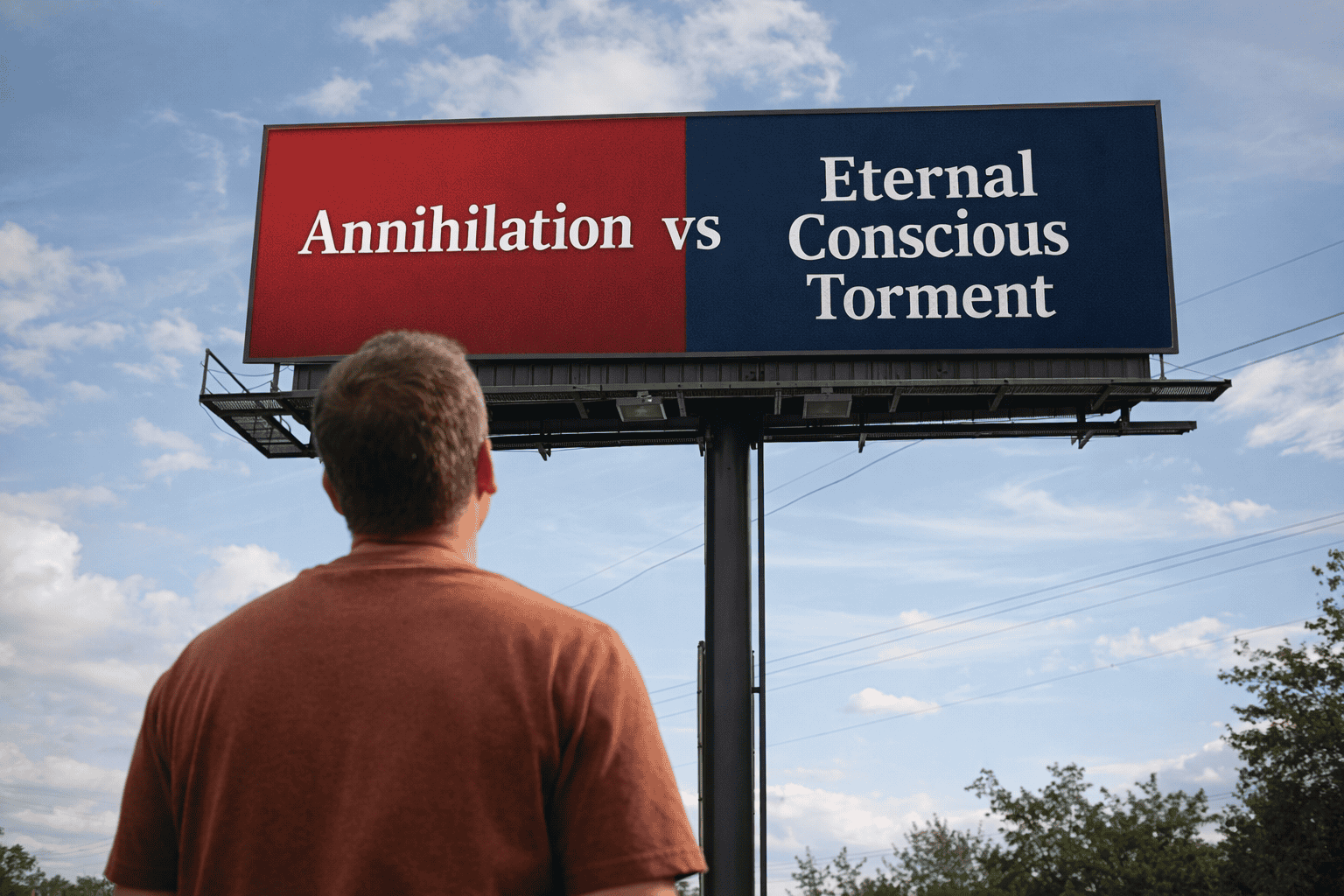 Person standing on a roadside looking up at a large billboard reading “Annihilation vs Eternal Conscious Torment,” representing the theological debate over final judgment.