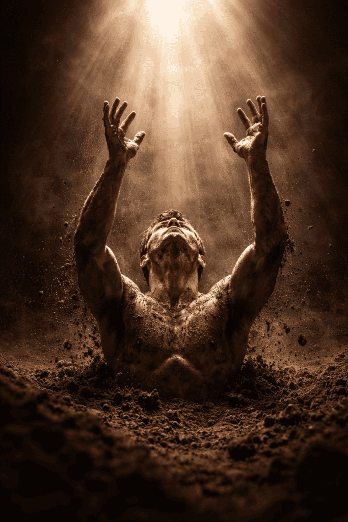 Man emerging from earth representing God's creative work in Genesis and when does the Bible say life begins at conception
