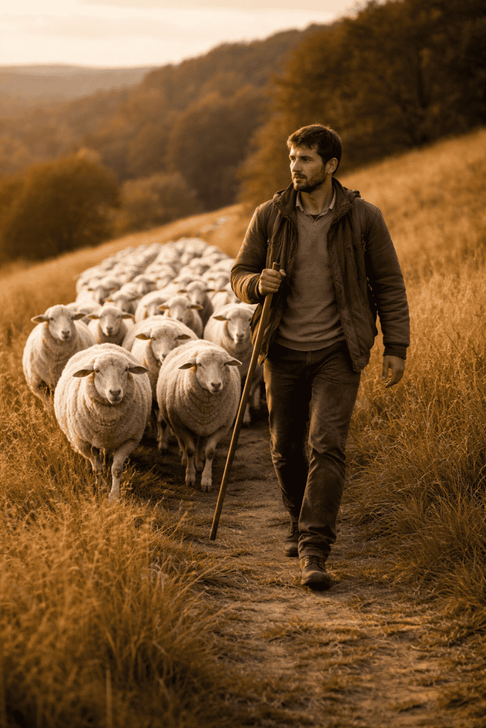 Flock of sheep following their shepherd illustrating John 10 and the perseverance of the saints
