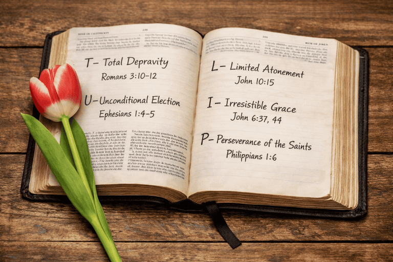 Open Bible beside a tulip flower representing the five points of TULIP Calvinism and their biblical foundation