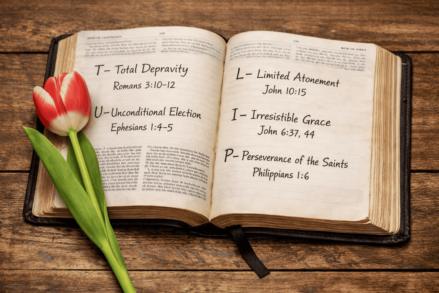 Open Bible beside a tulip flower representing the five points of TULIP Calvinism and their biblical foundation