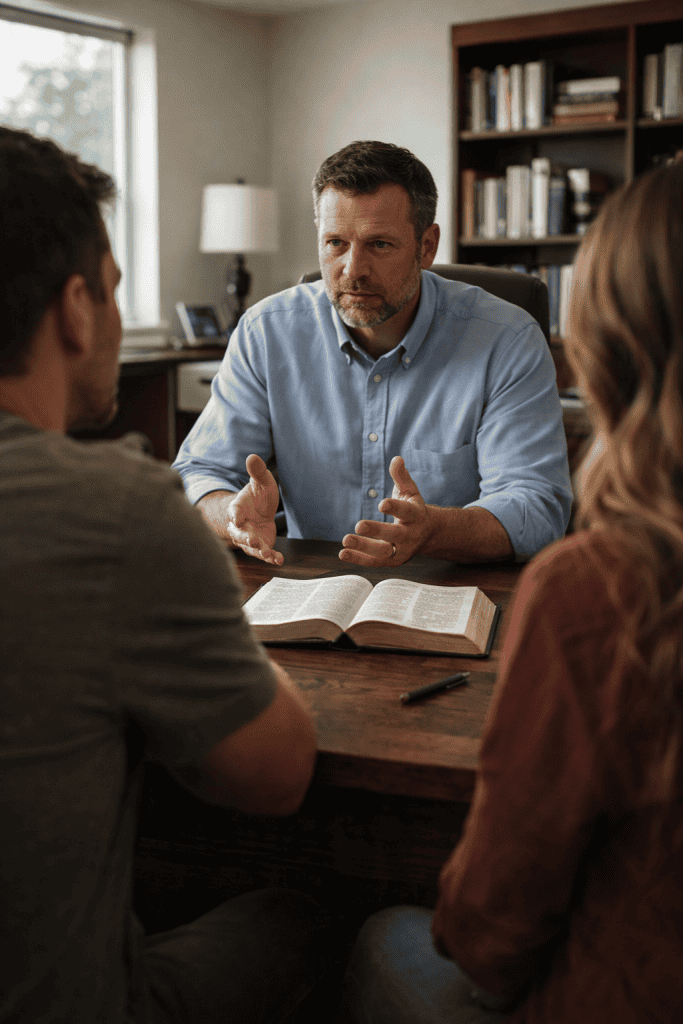 Couple in pastoral counseling session illustrating the real life stakes of the free will vs predestination debate