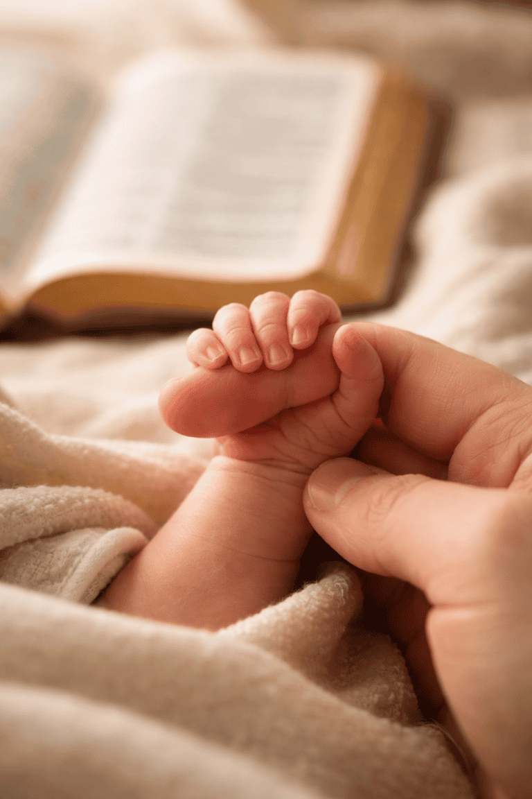 Newborn infant's hand wrapped around an adult finger representing the question: what does the Bible say about abortion and the value of unborn life