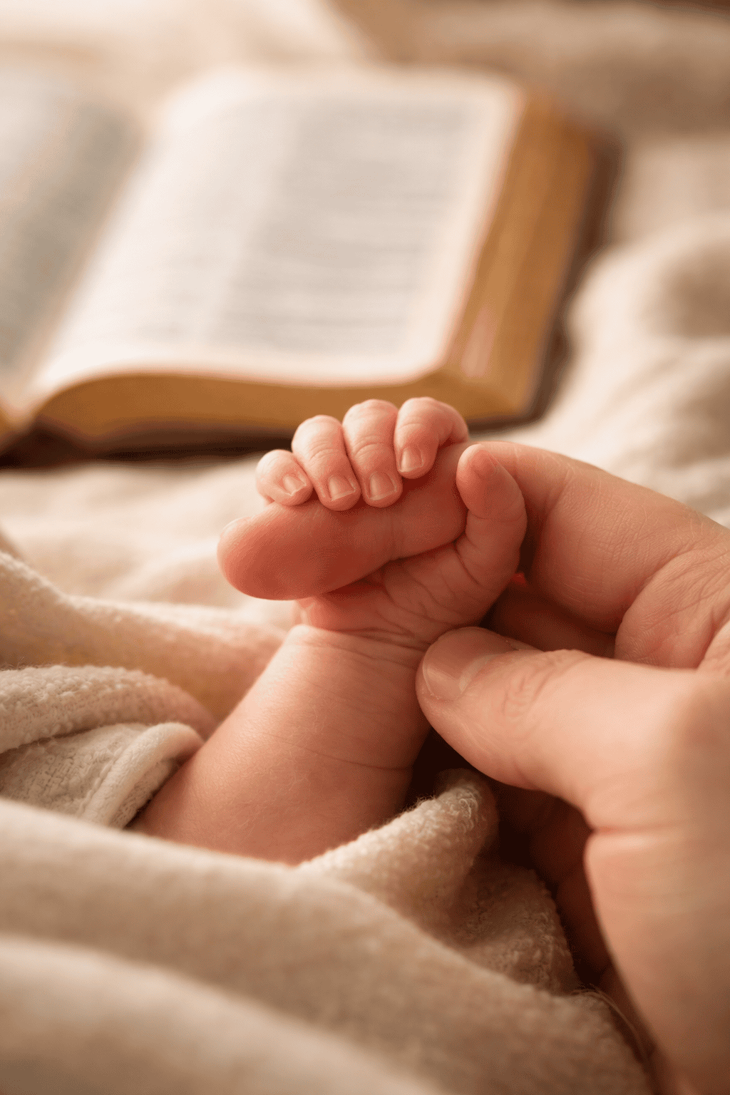 Newborn infant's hand wrapped around an adult finger representing the question: what does the Bible say about abortion and the value of unborn life