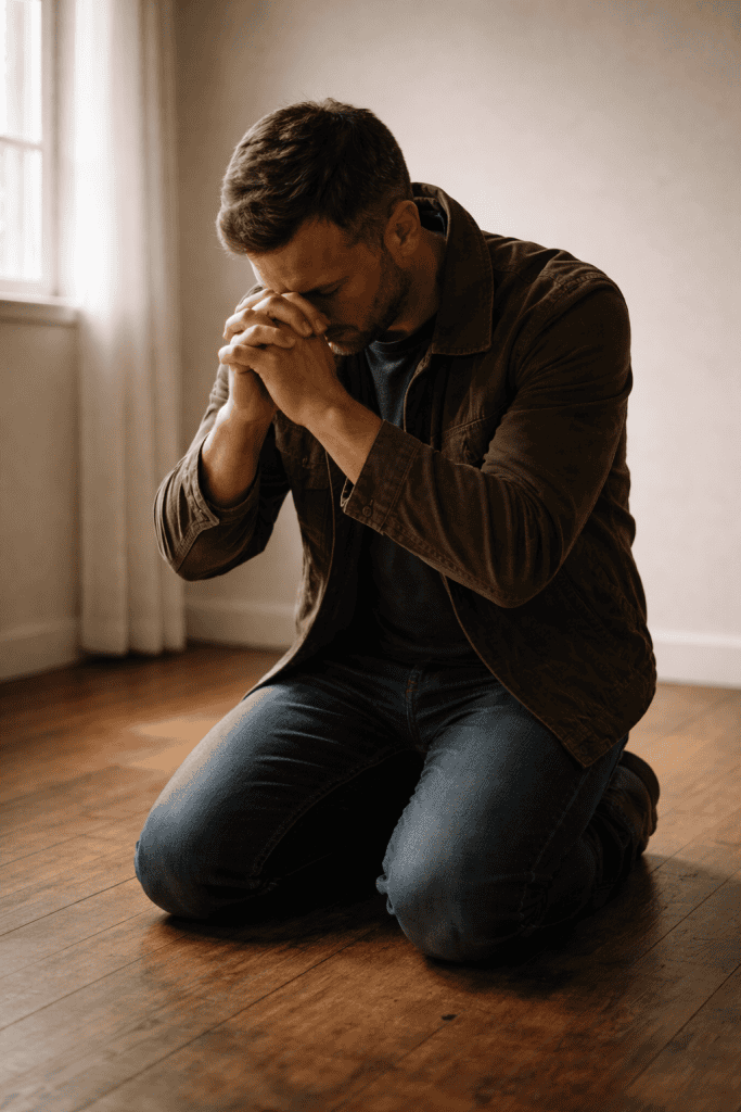 Man kneeling in prayer representing what the Bible says about free will and the surrender required for salvation
