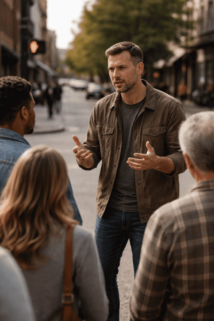 Street evangelist preaching to a crowd illustrating why predestination does not cancel the call to evangelize